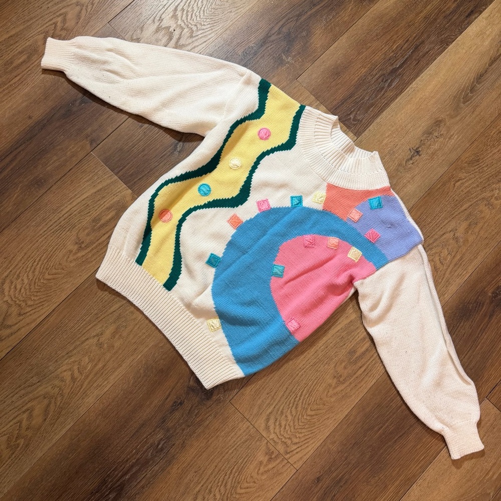 Vintage Korean Sweater Vintage Geometric Cream Mock Neck Knit Sweater 80’s 90’s - Picture 3 of 16
